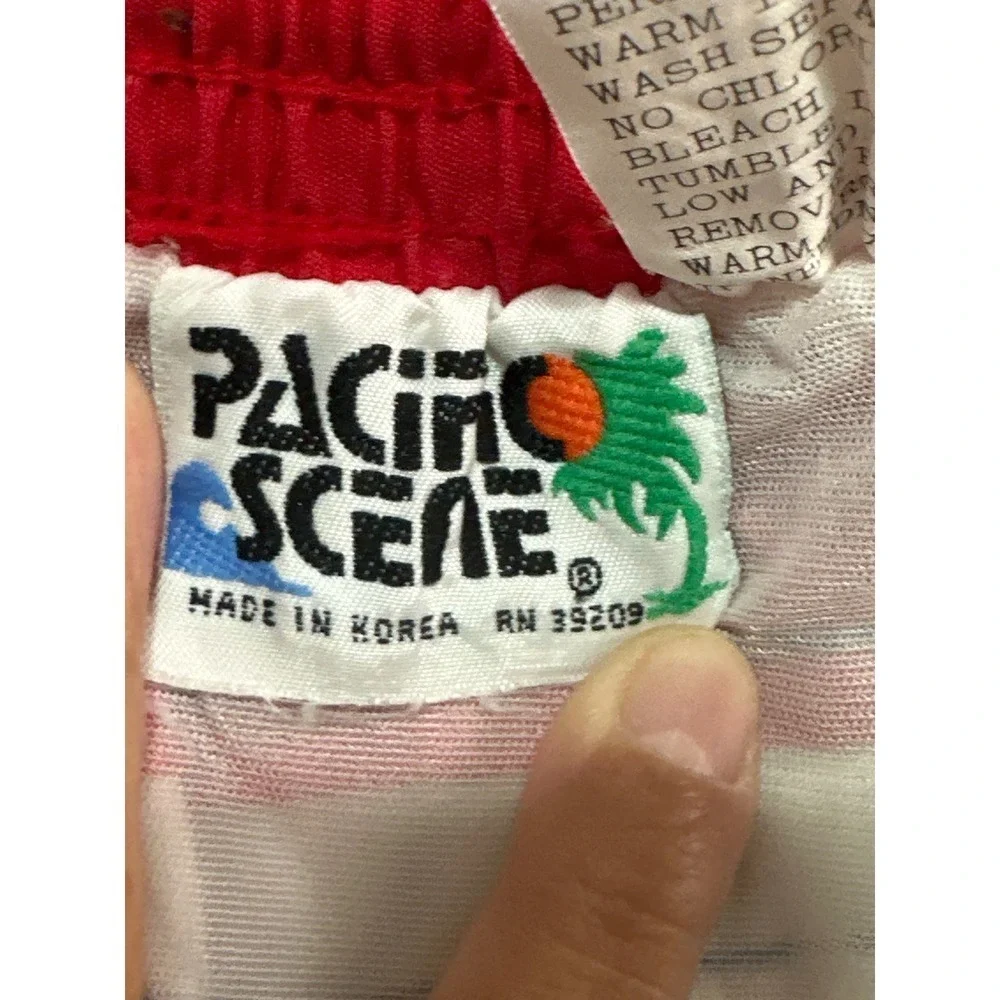 Vintage 80's Pacific Scene Striped Swim Red White Blue
